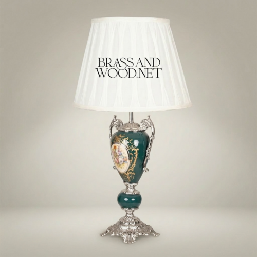 Classical Rococo Green Ceramic Urn Table Lamp Hand-Painted Floral Medallion Brass Base White Pleated Shade Brass and Wood Silver Front | Brass & Wood