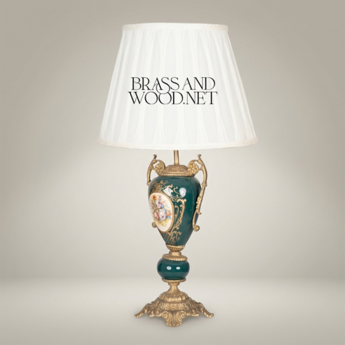 Classical Rococo Green Ceramic Urn Table Lamp Hand-Painted Floral Medallion Brass Base White Pleated Shade Brass and Wood Antique Gold Front | Brass & Wood
