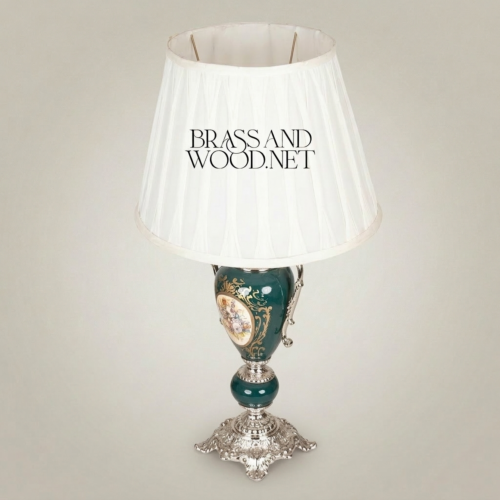 Classical Rococo Green Ceramic Urn Table Lamp Hand-Painted Floral Medallion Brass Base White Pleated Shade Brass and Wood Silver Front | Brass & Wood
