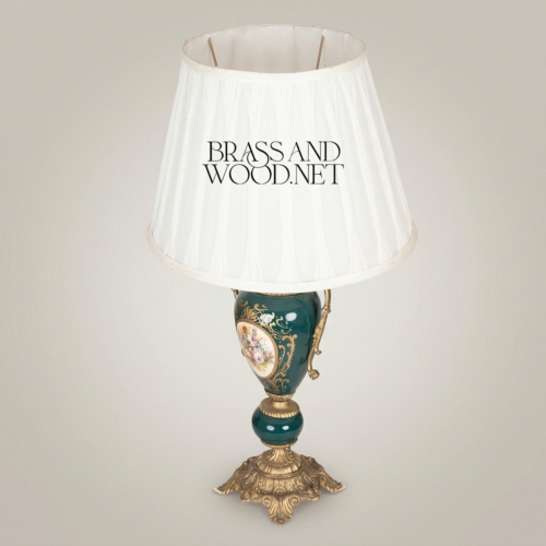 Classical Rococo Green Ceramic Urn Table Lamp Hand-Painted Floral Medallion Brass Base White Pleated Shade Brass and Wood Antique Gold Front | Brass & Wood