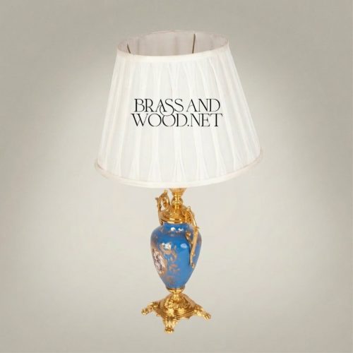 Classical Sèvres-Style Blue Porcelain Urn Table Lamp with Ornate Brass Handles and White Pleated Shade - Brass and Wood Gold Front | Brass & Wood