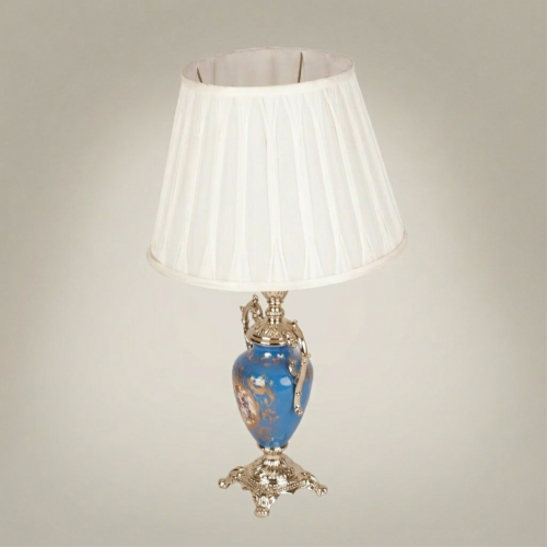 Classical Sèvres-Style Blue Porcelain Urn Table Lamp with Ornate Brass Handles and White Pleated Shade - Brass and Wood Silver Front | Brass & Wood