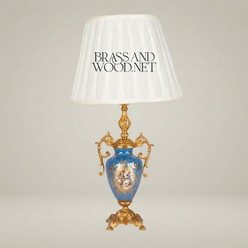 Classical Sèvres-Style Blue Porcelain Urn Table Lamp with Ornate Brass Handles and White Pleated Shade - Brass and Wood Gold Front | Brass & Wood