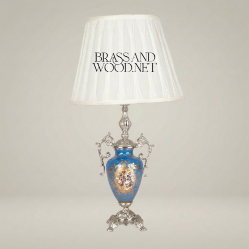 Classical Sèvres-Style Blue Porcelain Urn Table Lamp with Ornate Brass Handles and White Pleated Shade - Brass and Wood Silver Front | Brass & Wood