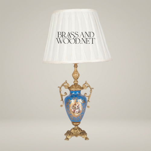 Classical Sèvres-Style Blue Porcelain Urn Table Lamp with Ornate Brass Handles and White Pleated Shade - Brass and Wood Antique Gold Front | Brass & Wood