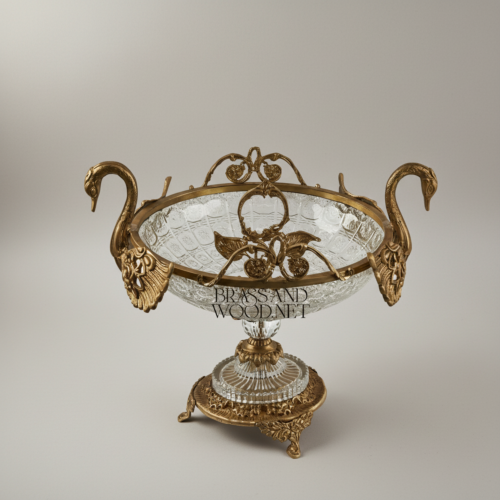Classical Swan Brass and Crystal Centerpiece Bowl with Rose Motifs and Ornate Pedestal Base Antique Front | Brass & Wood