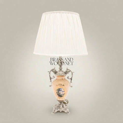 Classical Ceramic Urn Table Lamp with Brass Scrollwork Handles Pleated Off-White Shade Brass and Wood Silver Front | Brass & Wood