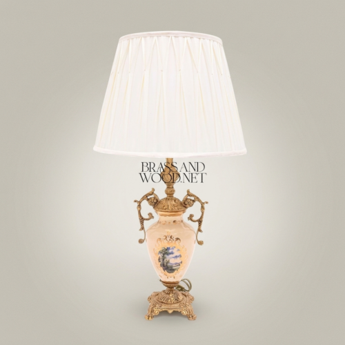 Classical Ceramic Urn Table Lamp with Brass Scrollwork Handles Pleated Off-White Shade Brass and Wood Antique Gold Front | Brass & Wood