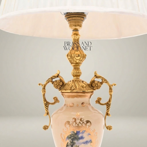 Classical Ceramic Urn Table Lamp with Brass Scrollwork Handles Pleated Off-White Shade Brass and Wood Gold Front | Brass & Wood