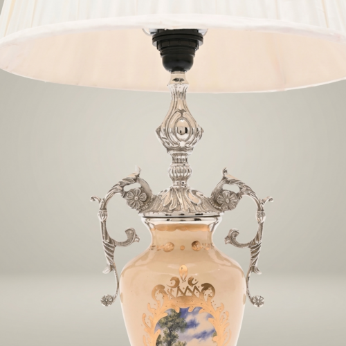 Classical Ceramic Urn Table Lamp with Brass Scrollwork Handles Pleated Off-White Shade Brass and Wood Silver Front | Brass & Wood