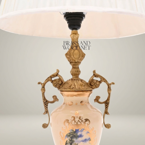 Classical Ceramic Urn Table Lamp with Brass Scrollwork Handles Pleated Off-White Shade Brass and Wood Antique Gold Front | Brass & Wood