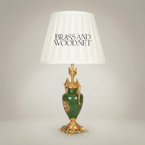 Classical Green Ceramic Urn Table Lamp Ornate Brass Foliage Base Pleated White Shade Brass and Wood Gold Front | Brass & Wood