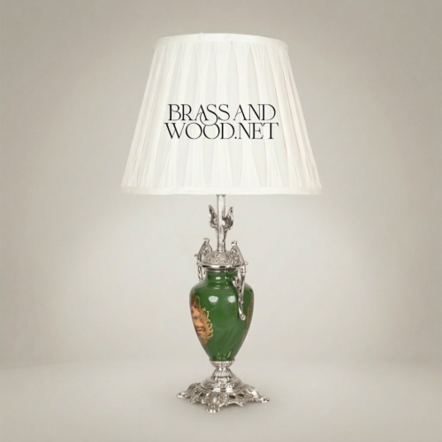 Classical Green Ceramic Urn Table Lamp Ornate Brass Foliage Base Pleated White Shade Brass and Wood Silver Front | Brass & Wood
