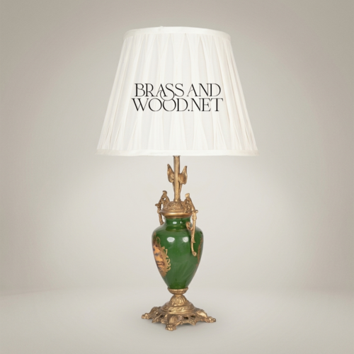 Classical Green Ceramic Urn Table Lamp Ornate Brass Foliage Base Pleated White Shade Brass and Wood Antique Gold Front | Brass & Wood