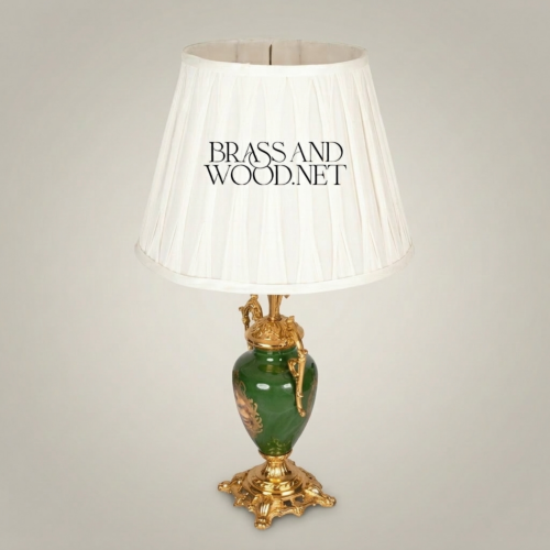 Classical Green Ceramic Urn Table Lamp Ornate Brass Foliage Base Pleated White Shade Brass and Wood Gold Front | Brass & Wood