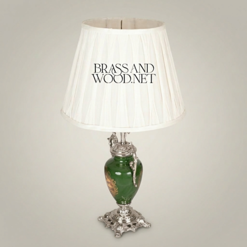 Classical Green Ceramic Urn Table Lamp Ornate Brass Foliage Base Pleated White Shade Brass and Wood Silver Front | Brass & Wood