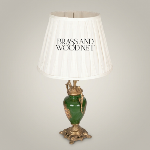 Classical Green Ceramic Urn Table Lamp Ornate Brass Foliage Base Pleated White Shade Brass and Wood Antique Gold Front | Brass & Wood