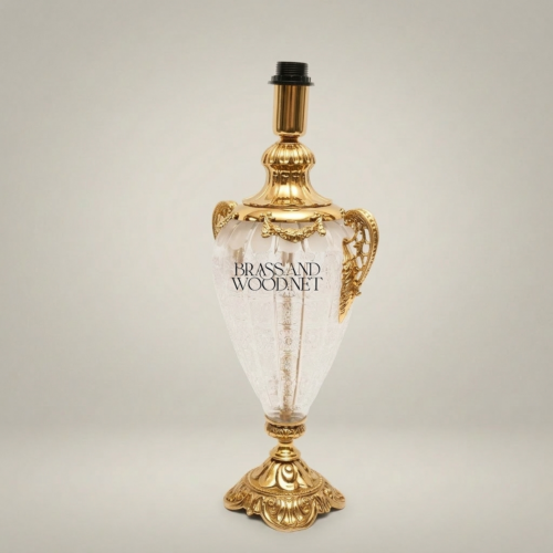 Classical Urn Table Lamp Base Crackled Glass Body Ornate Brass Handles Pedestal Brass and Wood Gold Front | Brass & Wood