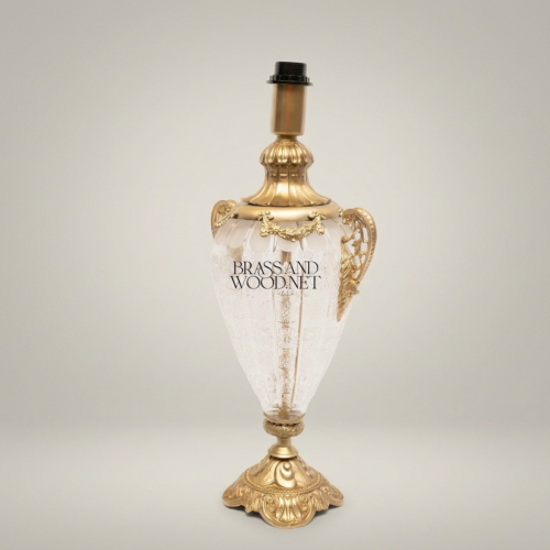 Classical Urn Table Lamp Base Crackled Glass Body Ornate Brass Handles Pedestal Brass and Wood Antique Gold Front | Brass & Wood