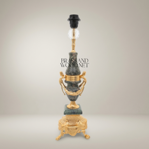 Classical Urn Table Lamp Green Marble Ornate Brass Figural Base Brass and Wood Gold Front | Brass & Wood