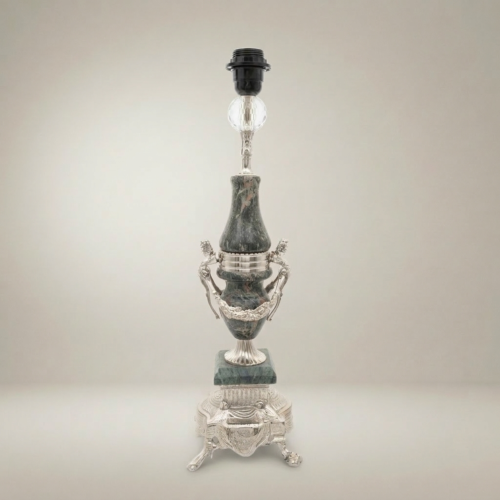 Classical Urn Table Lamp Green Marble Ornate Brass Figural Base Brass and Wood Silver Front | Brass & Wood