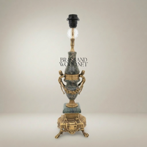 Classical Urn Table Lamp Green Marble Ornate Brass Figural Base Brass and Wood Antique Gold Front | Brass & Wood