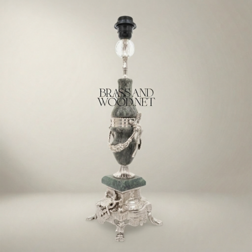 Classical Urn Table Lamp Green Marble Ornate Brass Figural Base Brass and Wood Silver Front | Brass & Wood