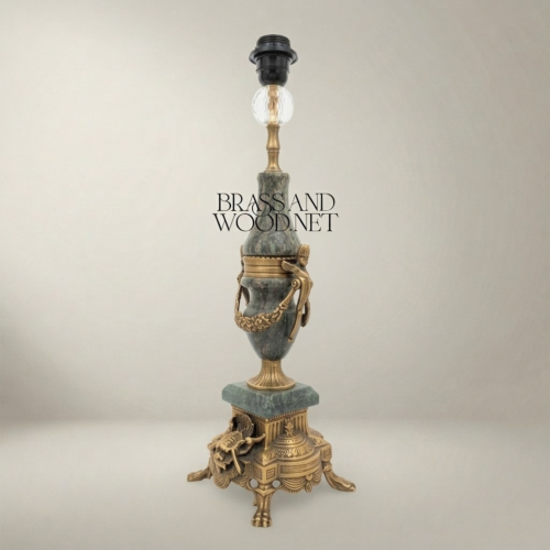 Classical Urn Table Lamp Green Marble Ornate Brass Figural Base Brass and Wood Antique Gold Front | Brass & Wood