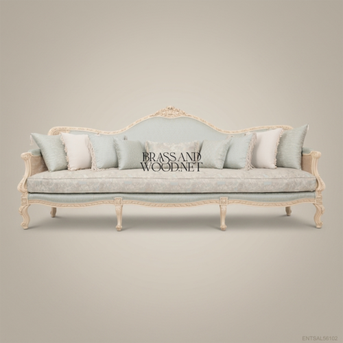 Louis XV Cane & Damask Salon Sofa Front | Brass & Wood