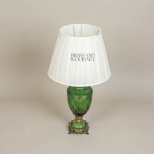 Classical Ribbed Green Glass Urn Table Lamp Ornate Brass Acanthus Base White Fabric Shade Brass and Wood Antique Gold Front | Brass & Wood
