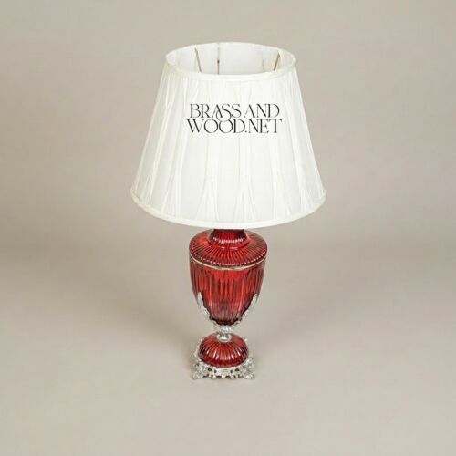 Classical Red Crystal Urn Table Lamp Ribbed Vase Ornate Brass Base Off-White Fabric Shade Brass and Wood Silver Front | Brass & Wood