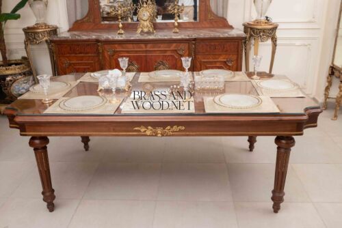 Brass & Wood Neoclassical Carved Wood Dining Table