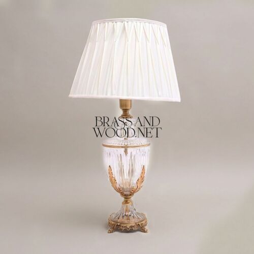 Classical Crystal Urn Table Lamp Brass Acanthus Leaf Base Pleated Off-White Shade Brass and Wood Antique Gold Front | Brass & Wood