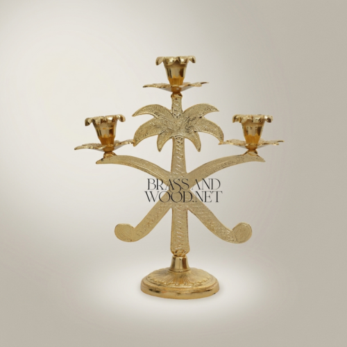 Egyptian Palm Tree Brass Three-Arm Candelabra Ornate Candleholder Brass and Wood Gold Front | Brass & Wood