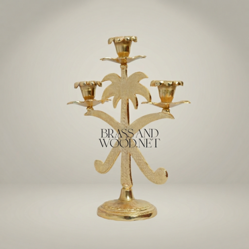 Egyptian Palm Tree Brass Three-Arm Candelabra Ornate Candleholder Brass and Wood Gold Front | Brass & Wood