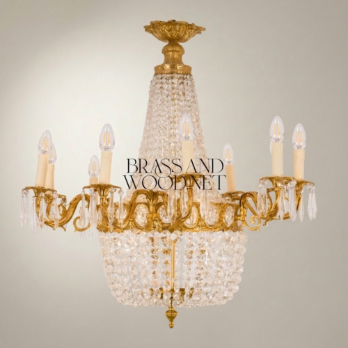 Empire Brass Crystal Basket Chandelier Ten Arm Acanthus Crown Canopy Brass and Wood Gold Front | Brass & Wood