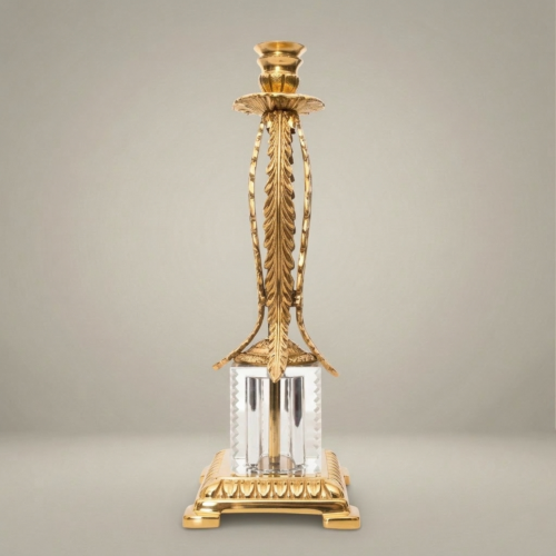 Empire Neoclassical Brass Crystal Candlestick Feather Palm Column Egg-and-Dart Base Brass and Wood Gold Front | Brass & Wood