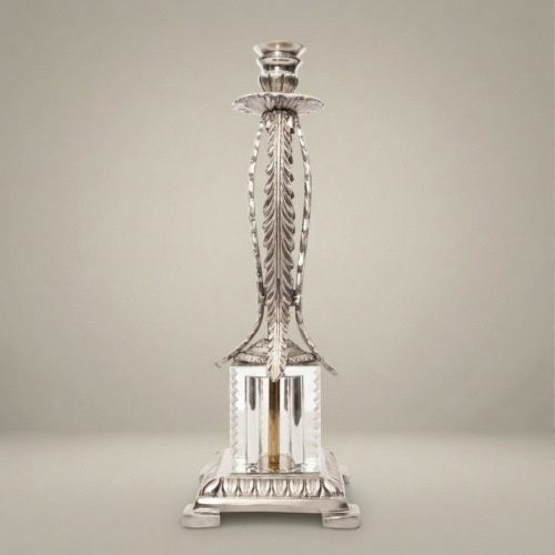 Empire Neoclassical Brass Crystal Candlestick Feather Palm Column Egg-and-Dart Base Brass and Wood Silver Front | Brass & Wood