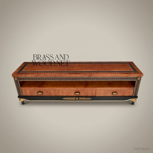 Empire Burled Veneer TV Console Interlaced Brass Inlay Ebonized Base Three Drawers Brass and Wood Front View | Brass & Wood
