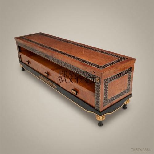 Empire Burled Veneer TV Console Interlaced Brass Inlay Ebonized Base Three Drawers Brass and Wood Front View | Brass & Wood