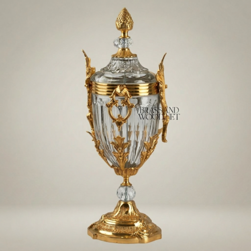 Empire Handcrafted Crystal Brass Lidded Trophy Urn Acanthus Mounts Pineapple Finial Brass and Wood Gold Front | Brass & Wood