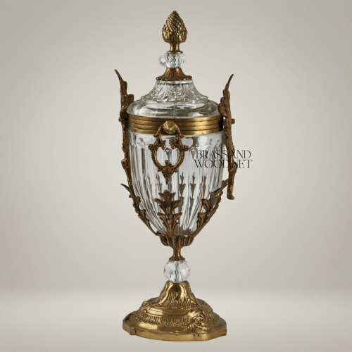 Empire Handcrafted Crystal Brass Lidded Trophy Urn Acanthus Mounts Pineapple Finial Brass and Wood Antique Gold Front | Brass & Wood