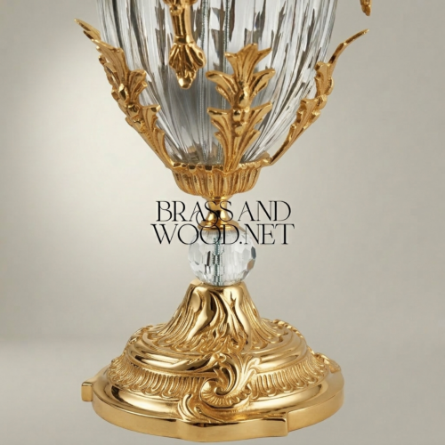 Empire Handcrafted Crystal Brass Lidded Trophy Urn Acanthus Mounts Pineapple Finial Brass and Wood Gold Front | Brass & Wood