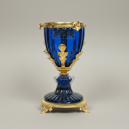 Empire Goblet-Form Cobalt Crystal Incense Burner Acanthus Brass Mounts Fluted Base Gold Front | Brass & Wood