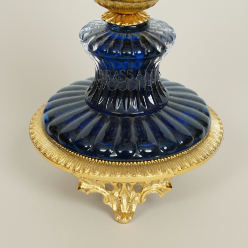 Empire Goblet-Form Cobalt Crystal Incense Burner Acanthus Brass Mounts Fluted Base Gold Front | Brass & Wood