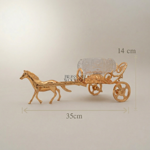 Empire Horse-Drawn Carriage Decorative Ashtray Cast Brass Scrollwork Crystal Bowl Brass and Wood Gold Front | Brass & Wood
