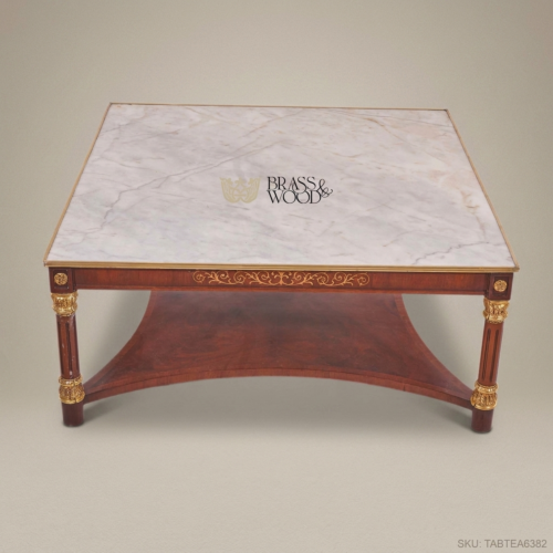 French Empire Neoclassical Coffee Table Calacatta Marble Top Mahogany Gilt Bronze Acanthus Columns Brass & Wood Front View | Brass & Wood