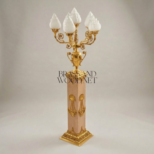 Empire Neoclassical 5-Arm Candelabra Floor Lamp Carved Wood Pedestal Brass Lyre Mounts Flame Glass Shades Gold Front | Brass & Wood