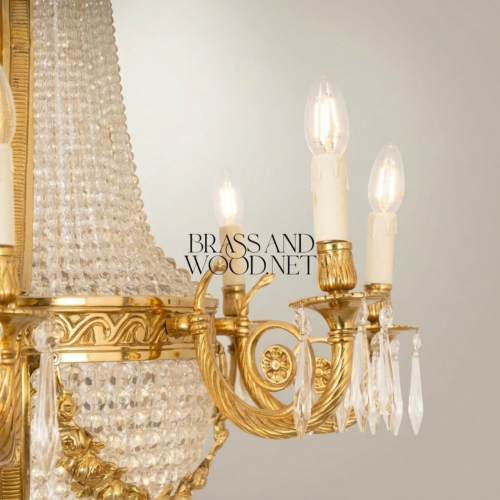 Empire Neoclassical Brass Crystal Basket Chandelier 8-Arm Beaded Crown Brass and Wood Gold Side | Brass & Wood