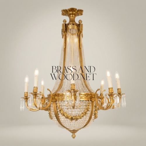 Empire Neoclassical Brass Crystal Basket Chandelier 8-Arm Beaded Crown Brass and Wood Gold Side | Brass & Wood